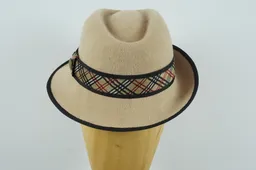 Trilby in leicht kombinierbarem kaschmirfarbenen Velour mit sportlicher Dekoration.